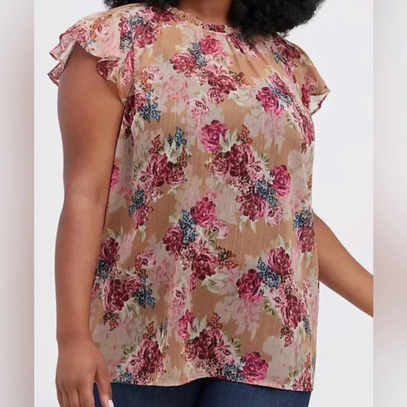 Torrid Mock Neck Tank Crinkle Chiffon Floral Tan Blouse Sz 2 - Picture 1 of 9